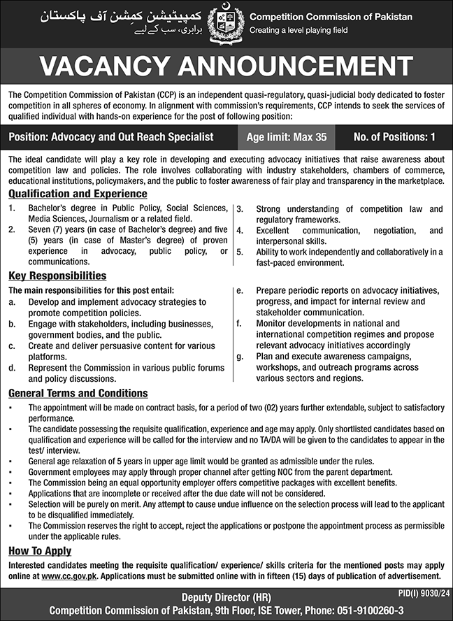 Advocy & Out Reach Specialist Jobs in Competition Commission of Pakistan Islamabad